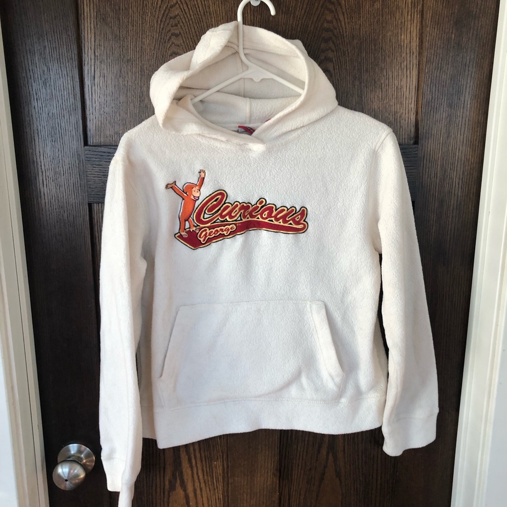 Vintage boys Curious George Adventure White Hoodie Sweater Size Medium (8) fleec